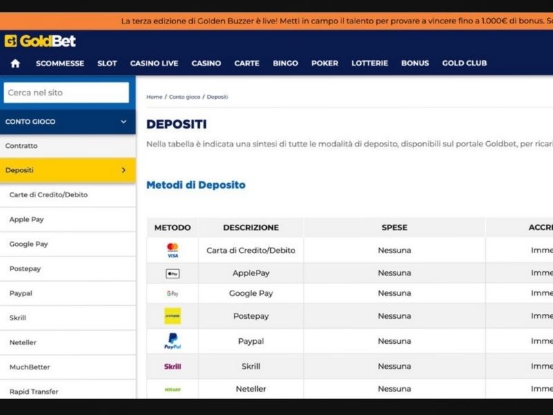 Effettuare un deposito su GoldBet Casino
